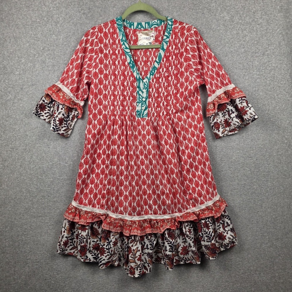 LULALIFE Dress Womens Medium Red Floral Ruffle Hem Bell Sleeve Boho Sundress